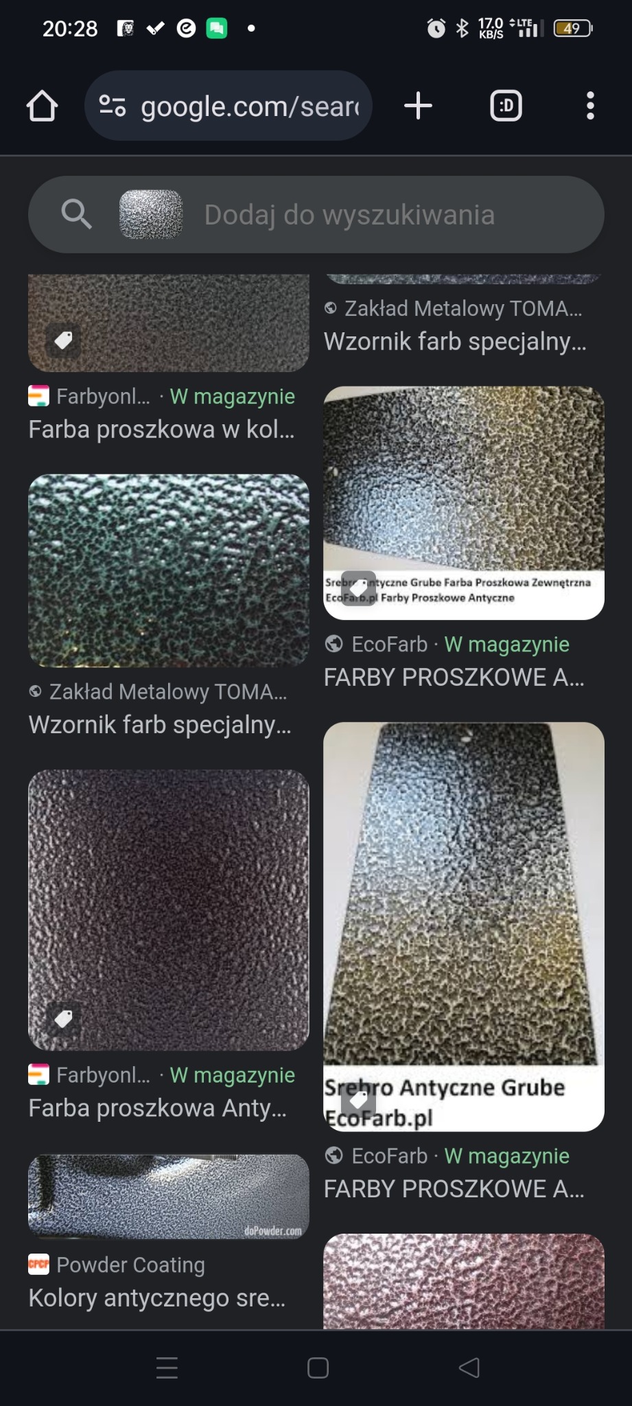 Wyszukiwarka Google prezentuje wzorniki farb proszkowych o metalicznej, gruboziarnistej strukturze w odcieniach szarości, srebra i brązu, imitujące kute żelazo.