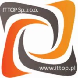 Logo IT TOP Sp. z o.o. z abstrakcyjnym motywem wiru w kolorach pomarańczowym i szarym, uzupełnione adresem strony internetowej www.ittop.pl.