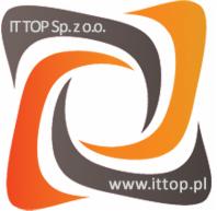 Logo IT TOP Sp. z o.o. z abstrakcyjnym motywem wiru w kolorach pomarańczowym i szarym, uzupełnione adresem strony internetowej www.ittop.pl.