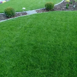 Perfekcyjnie utrzymany trawnik z niską trawą, obrzeża z kostki i kory, ozdobne krzewy i lampa ogrodowa w tle.