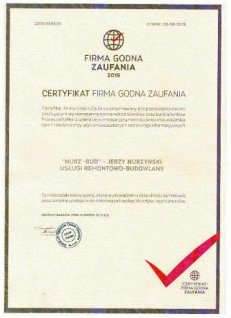 Skan certyfikatu 'Firma Godna Zaufania' 2015 dla firmy remontowo-budowlanej 'NURZ-BUD' Jerzego Nurzyńskiego z czerwonym znakiem akceptacji w prawym dolnym rogu.