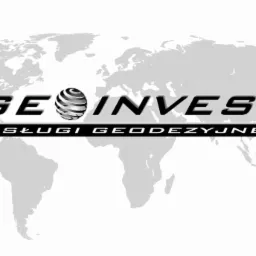 Logo firmy Geo Invest z napisem 'Usługi Geodezyjne' na tle mapy świata w odcieniach szarości.