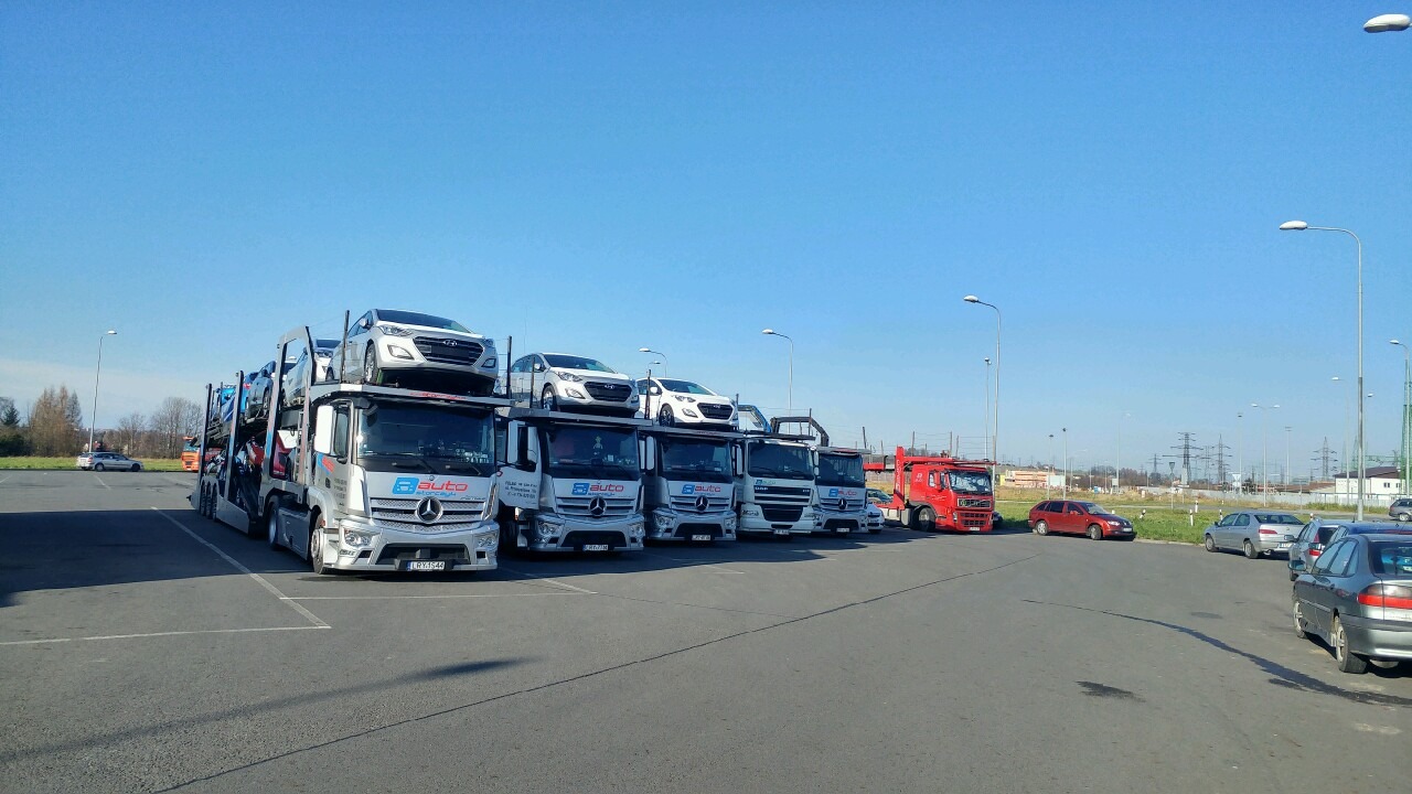 Kilkanaście samochodów osobowych przewożonych na autolawetach zaparkowanych na parkingu, widok z przodu, słoneczny dzień.