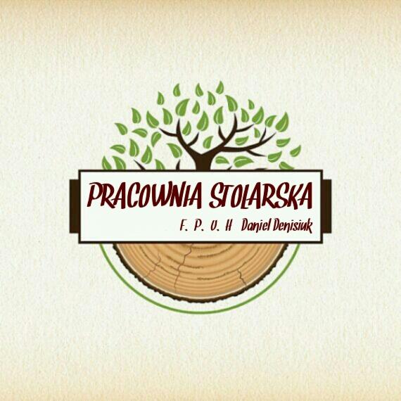 Logo pracowni stolarskiej z drzewem, przekrojem pnia i napisem 'Pracownia Stolarska F.P.U.H Daniel Denisiuk'.