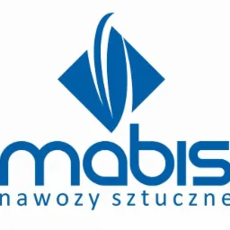 Niebieskie logo firmy Mabis z napisem 'nawozy sztuczne' poniżej, z geometrycznym symbolem roślinnym nad nazwą.