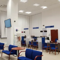 Jasne wnętrze biurowe z rzędami stanowisk obsługi klienta, niebieskimi krzesłami i stolikami, oraz pracownikiem otwierającym szafkę przy ścianie.