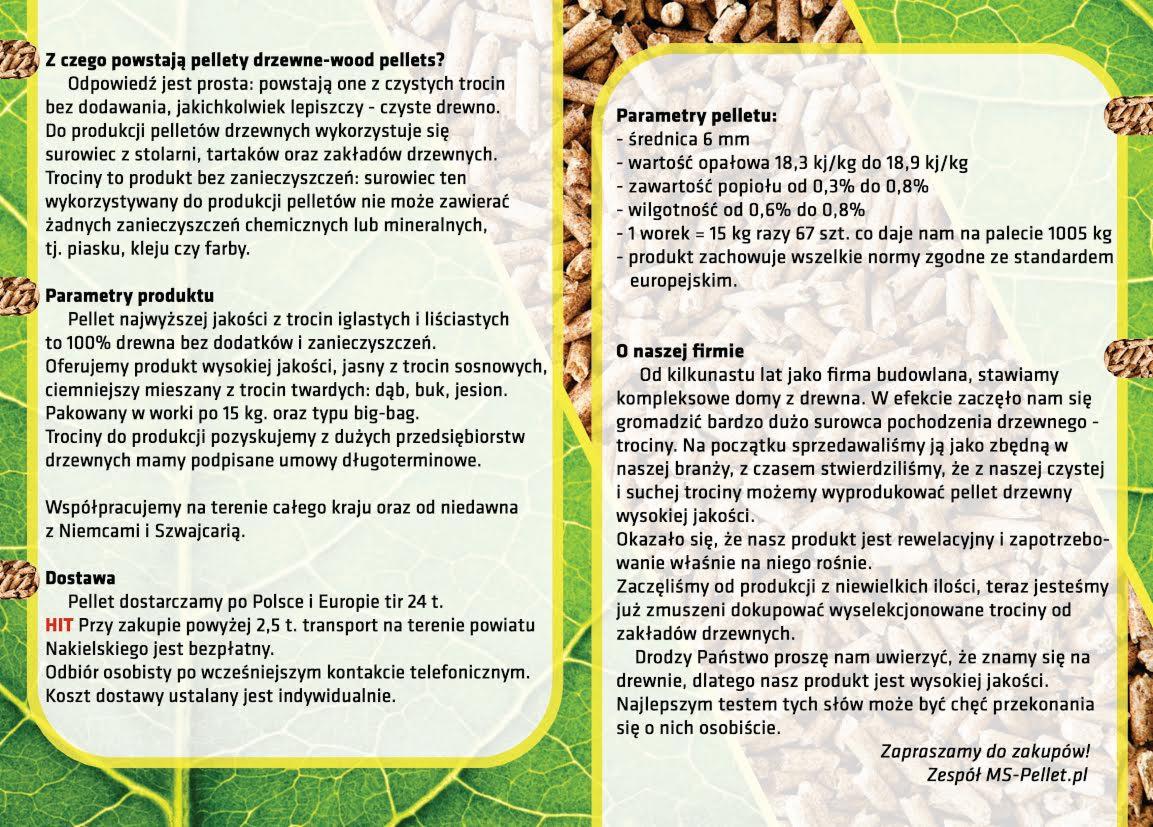 Informacja o pelletach drzewnych: skład, parametry, dostawa. Tekst o firmie i zaproszenie do zakupu pelletu MS-Pellet.pl. Grafika informacyjna.