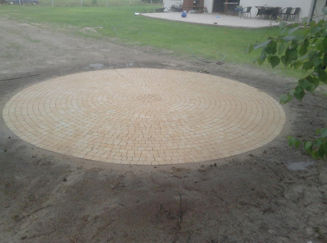 Okrągła powierzchnia z kostki brukowej ułożona w koncentryczny wzór na zewnątrz, z widocznym trawnikiem i budynkiem w tle.