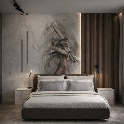 montom - Nowoczesna sypialnia z łóżkiem typu king-size, szarą pościelą i artystycznym malowidłem baletnicy na ścianie. Minimalistyczne lampki nocne i drewniane panele ścienne.