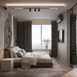 montom - Nowoczesna sypialnia w stonowanej kolorystyce: szarości i beże. Duże okno z widokiem, minimalistyczne oświetlenie, dekoracyjny obraz na ścianie i telewizor.