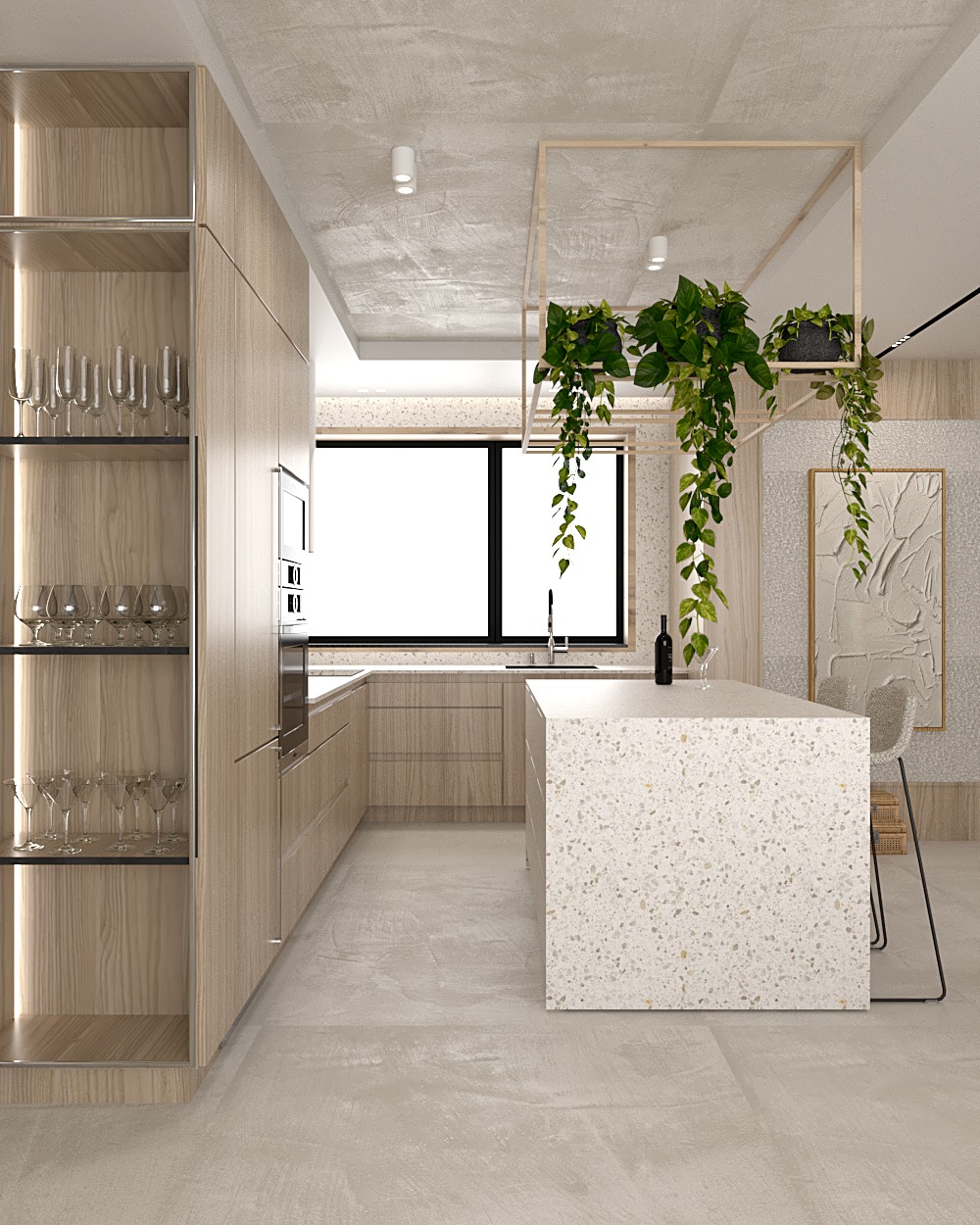 Nowoczesna kuchnia z wyspą o powierzchni z lastryko, drewniane szafki z przeszkloną witryną na kieliszki, wiszące rośliny w minimalistycznych donicach pod sufitem, duże okno z widokiem na zewnątrz.