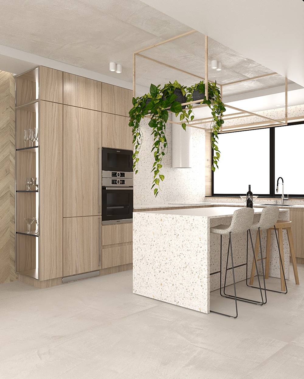 Wizualizacja nowoczesnej kuchni z drewnianymi szafkami, wyspą wykończoną lastryko, wiszącymi roślinami w donicach i minimalistycznymi hokerami.