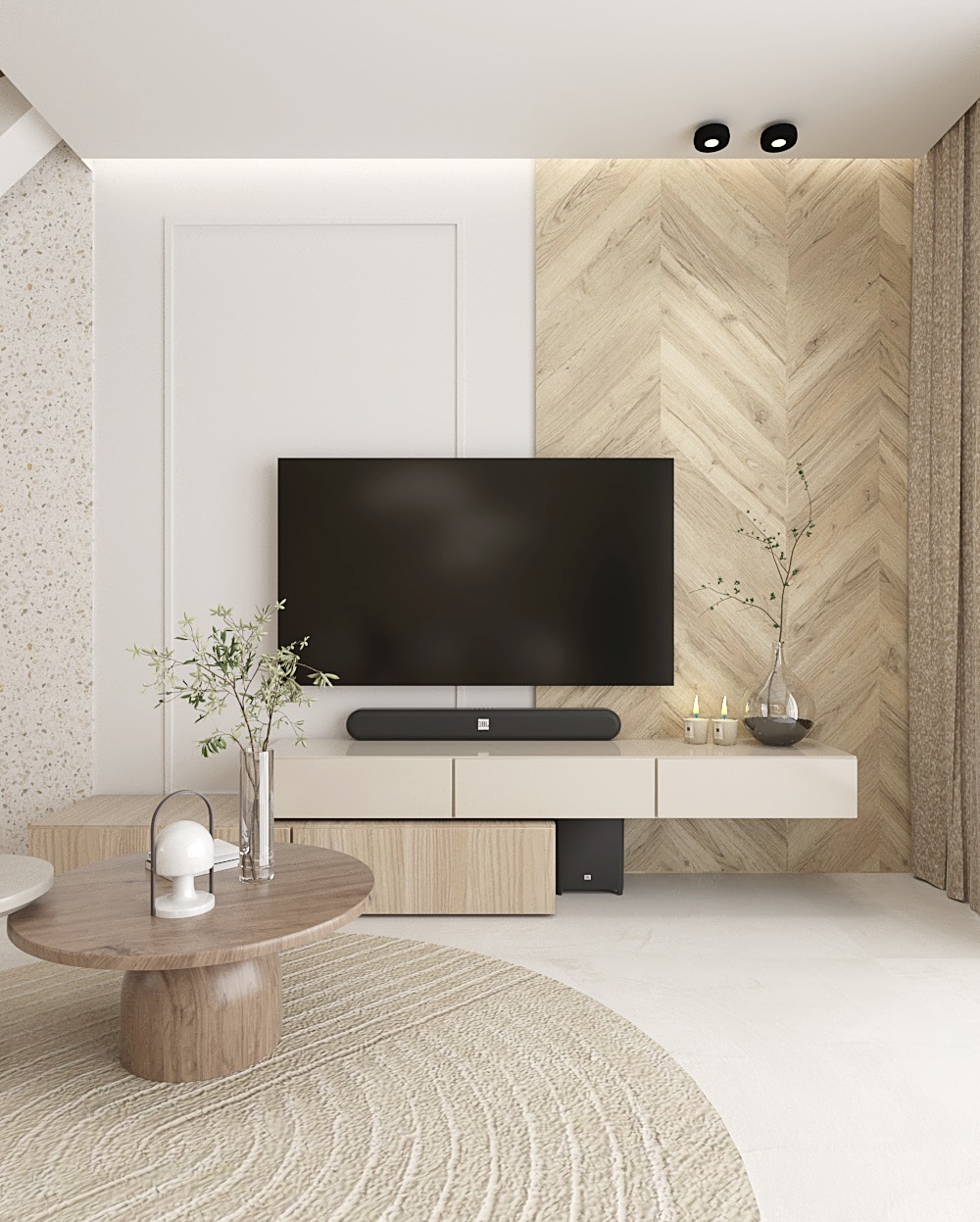Minimalistyczny salon z drewnianą ścianą w jodełkę, beżowym dywanem w okrągłe wzory, niską szafką RTV z soundbarem JBL oraz okrągłym stolikiem kawowym z dekoracyjną lampą.