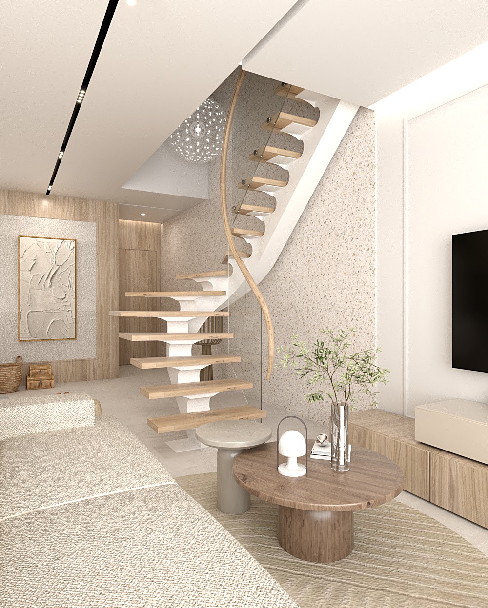 Jasne wnętrze salonu z drewnianymi schodami spiralnymi z przeszkloną balustradą, okrągły stolik kawowy z dekoracjami, beżowa sofa i abstrakcyjny obraz na ścianie.