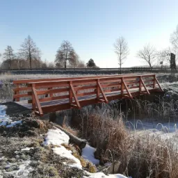 Niewielki, drewniany mostek z barierkami nad zamarzniętym strumieniem, otoczony oszronioną roślinnością i śniegiem w zimowym krajobrazie, z widoczną w tle drogą i drzewami.