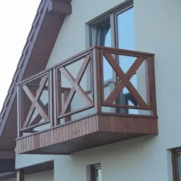 Balkon z drewnianą balustradą w kształcie krzyży, zamontowany na jasnej elewacji domu z brązowym dachem.