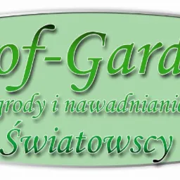 Logo firmy Prof-Garden: ogrody i nawadnianie Światowscy. Zielony napis na jasnym tle z grafiką trawy. Oferta usług ogrodniczych i systemów nawadniania.