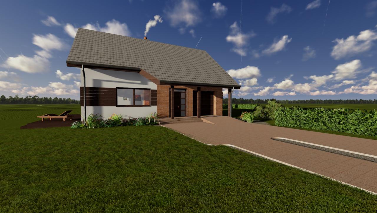 Wizualizacja domu jednorodzinnego z szarą dachówką, drewnianą elewacją i podjazdem z kostki, otoczonego zielonym trawnikiem i krzewami pod błękitnym niebem.