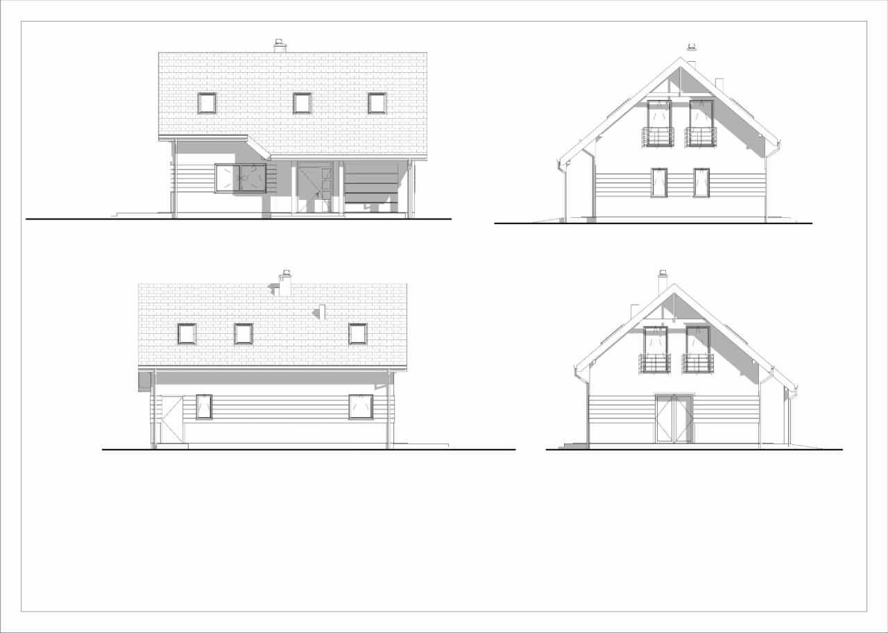 Projekt domu: cztery elewacje budynku z poddaszem użytkowym, widok z przodu, z tyłu i z boku, w formie rysunku technicznego z detalami architektonicznymi.