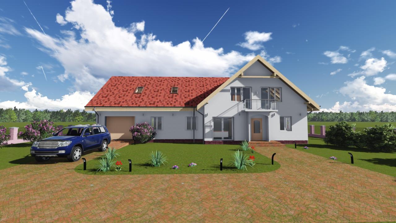 Wizualizacja domu jednorodzinnego z garażem i balkonem, z czerwonym dachem i niebieskim SUV-em, otoczona zielenią i brukowaną drogą dojazdową w słoneczny dzień.