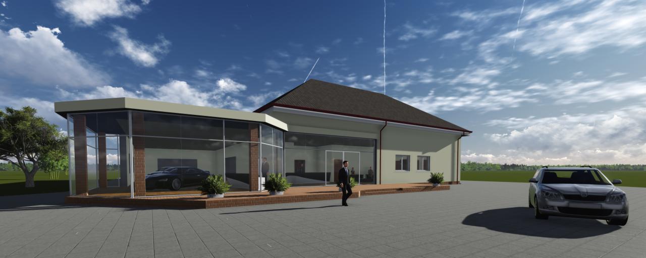 Wizualizacja budynku usługowego z przeszkloną fasadą w Goleniowie. Widoczny samochód i osoba w garniturze. Realistyczny render architektoniczny.