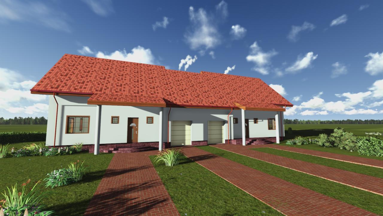 Wizualizacja parterowego domu dwurodzinnego z czerwonym dachem, dwoma garażami i brukowanym podjazdem na tle błękitnego nieba z obłokami.