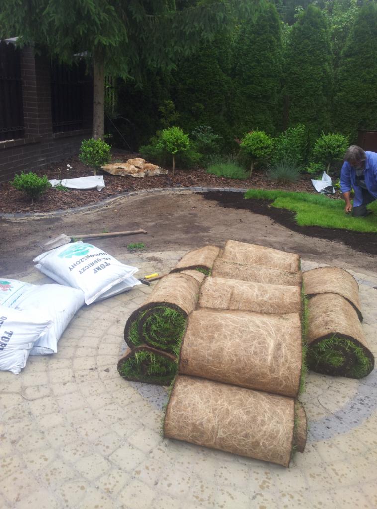 Układanie trawy z rolki na posesji. Widoczne rozwinięte rolki trawy, worki z ziemią i pracownik w trakcie pracy. Tło stanowią zielone drzewa i krzewy.