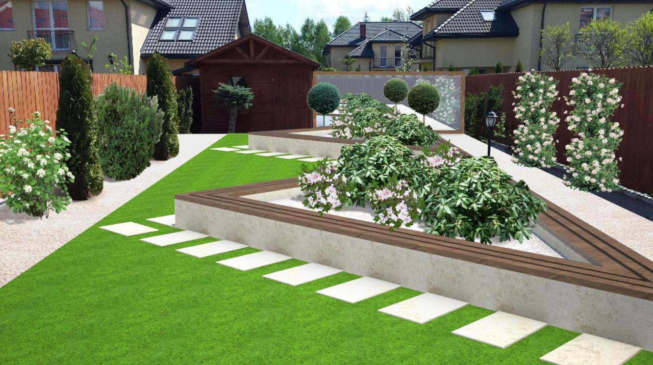 Projekt zagospodarowania ogrodu z geometrycznymi rabatami, ścieżką z płyt i drewnianą altaną w tle. Kompozycja roślinna z kwitnącymi krzewami i drzewami.