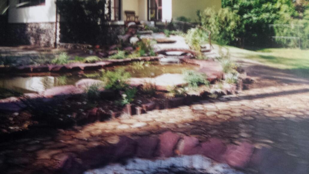 Oczko wodne z kamiennymi brzegami i roślinnością w ogrodzie przydomowym. Mały mostek nad kaskadą. W tle widoczny fragment budynku.