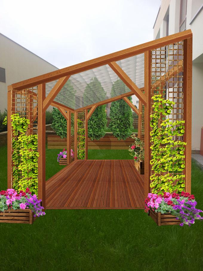 Wizualizacja drewnianej altany z przezroczystym dachem, ozdobionej pnączami i kwiatami w skrzynkach, na trawniku przed budynkiem. Realistyczny rendering.