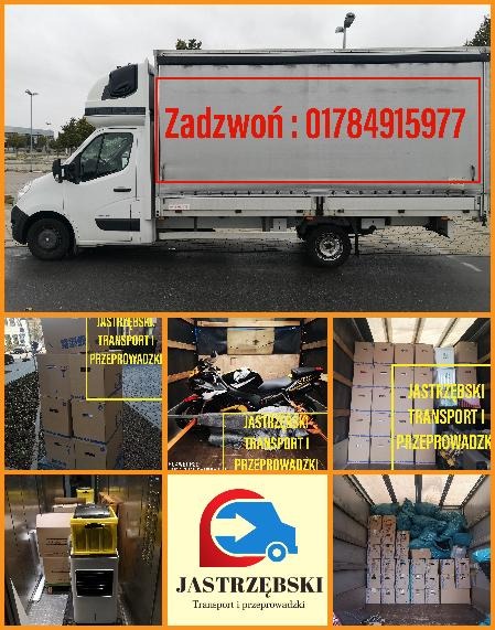 Kolaż zdjęć: biały bus z numerem telefonu, wnętrze busa z kartonami, motocyklem i sprzętem AGD, logo firmy transportowej.