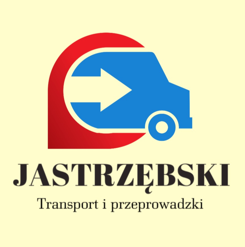 Logo firmy transportowej Jastrzębski z grafiką niebieskiego samochodu i czerwonej strzałki w kształcie litery C na beżowym tle.