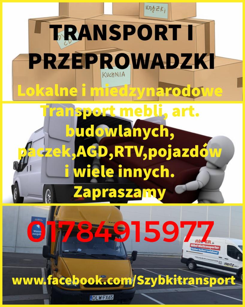 Grafika reklamowa usług transportowych: kartony z napisem 'Książki', 'Kuchnia', tekst 'Transport i Przeprowadzki', 'Lokalne i międzynarodowe', 'Transport mebli, art. budowlanych, paczek, AGD, RTV...