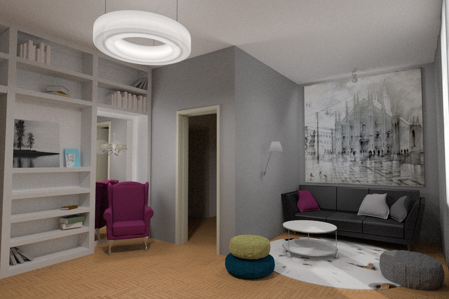 Wizualizacja salonu z regałem na książki, fotelem w kolorze fuksji i dużym obrazem przedstawiającym katedrę w tle.