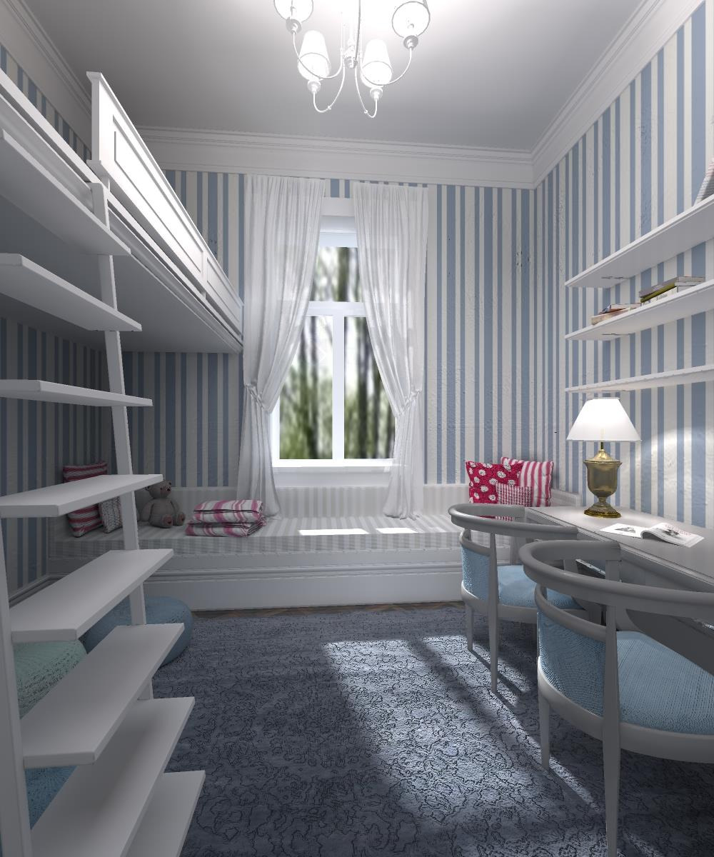 Pokój dziecięcy z łóżkiem na antresoli, biurkiem, krzesłami i oknem z widokiem na zieleń, utrzymany w biało-niebieskiej kolorystyce z tapetą w pionowe pasy i dywanem w kwiatowy wzór.