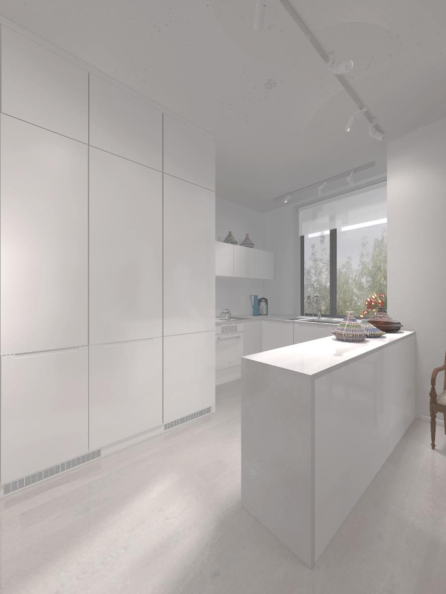 Minimalistyczna, biała kuchnia z wyspą i zabudową meblową od podłogi do sufitu, oświetlona reflektorami sufitowymi, z dekoracyjnymi misami na wyspie.