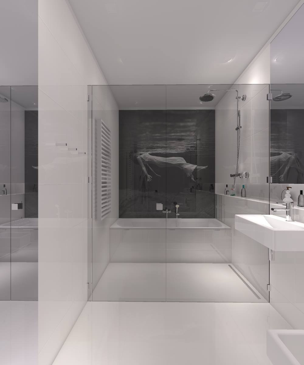 Minimalistyczna, całkowicie biała łazienka z kabiną prysznicową typu walk-in i wanną, ozdobiona czarno-białą fototapetą z motywem podwodnym, przedstawiającą pływającą postać.
