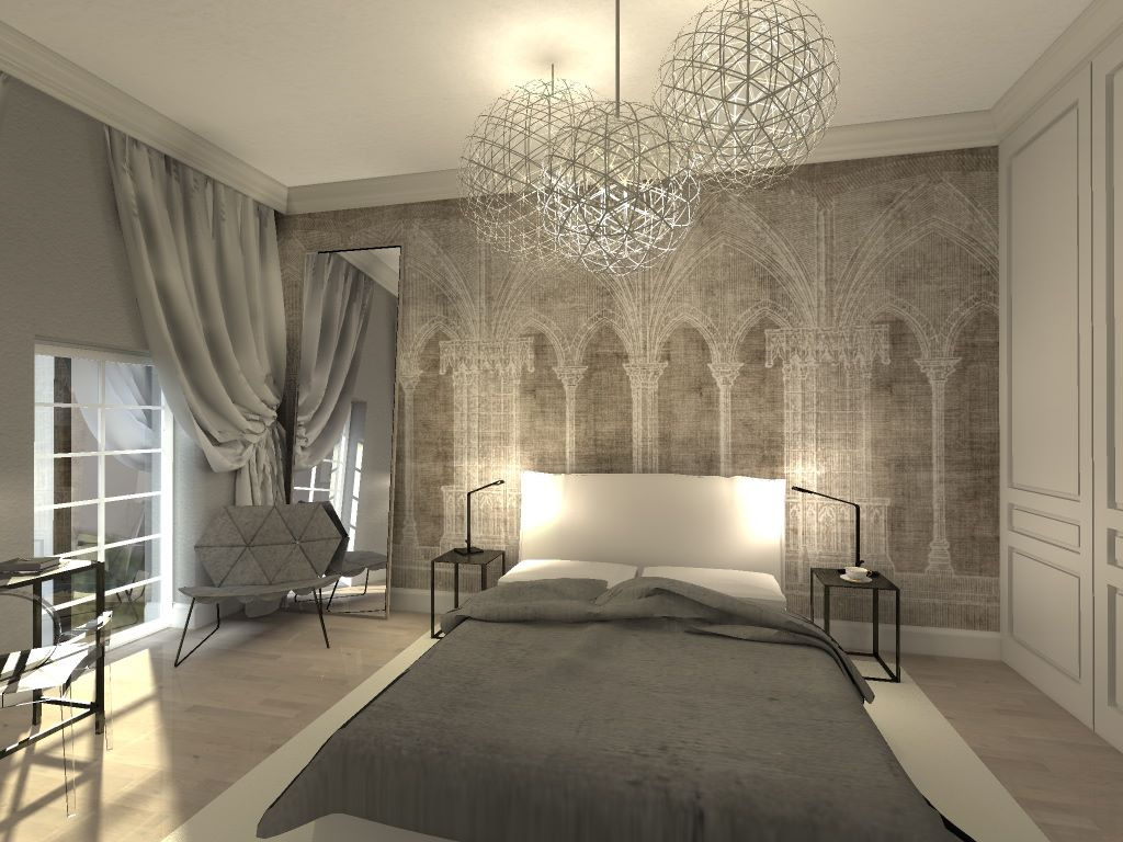 Nowoczesna sypialnia z łóżkiem, geometrycznymi lampami wiszącymi i tapetą w stylu gotyckich arkad, oświetlona światłem dziennym wpadającym przez okno.