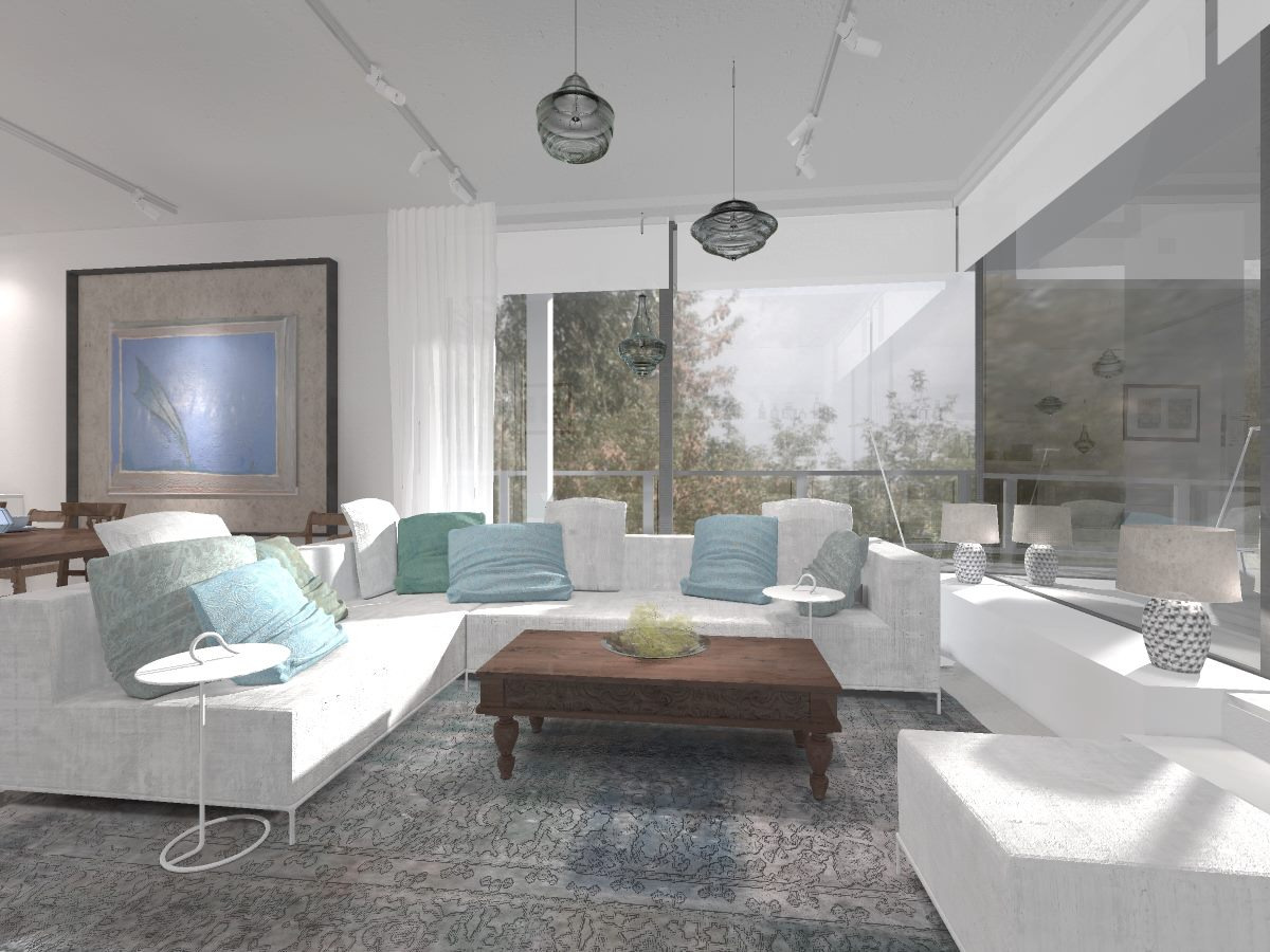 Wizualizacja przestronnego salonu w Warszawie z białym narożnikiem, drewnianym stolikiem kawowym i dużym oknem z widokiem na zieleń, oświetlonego wiszącymi lampami o nietypowym kształcie.