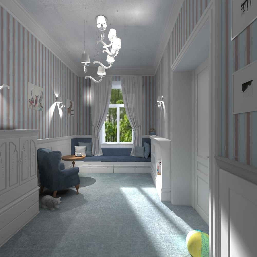 Pokój dziecięcy w pastelowych barwach z tapetą w pionowe paski, okno z siedziskiem i zasłonami, ozdobny żyrandol, niebieski fotel i zabawka w kształcie misia.