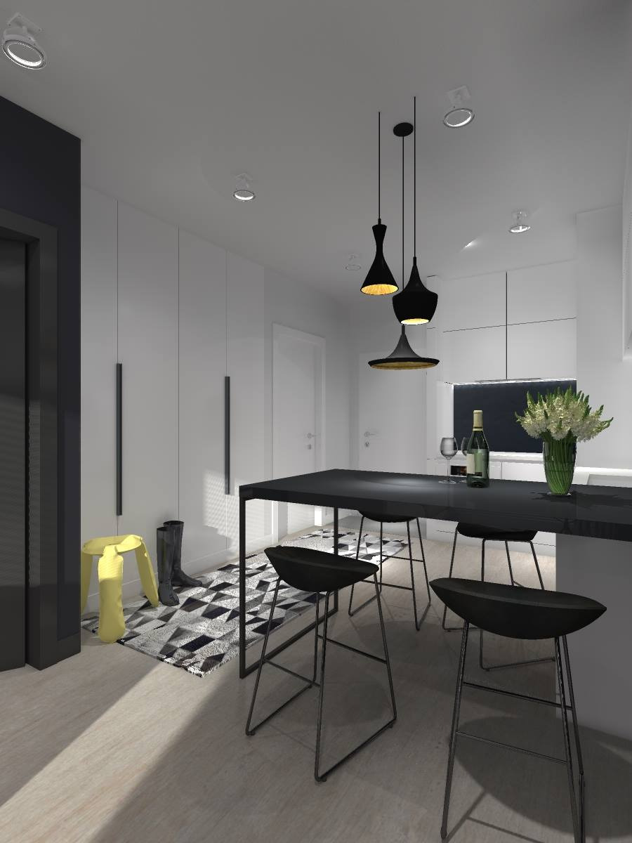Wizualizacja nowoczesnej kuchni z czarnym stołem barowym, trzema wiszącymi lampami o różnych kształtach i żółtym stołkiem obok wejścia, uzupełniona o czarno-biały dywan i minimalistyczne białe szafki.
