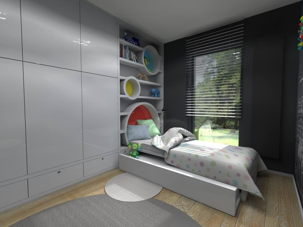 Pokój dziecięcy z łóżkiem wbudowanym w regał z okrągłymi półkami, szary dywan na drewnianej podłodze, okno z żaluzjami.