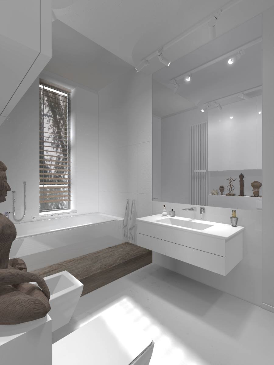 Minimalistyczna, biała łazienka z drewnianymi akcentami: rzeźba w rogu, drewniany podest przy wannie, prosta umywalka na ścianie, duże lustro z oświetleniem punktowym.