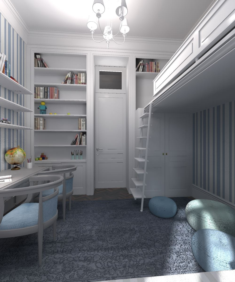 Pokój dziecięcy w odcieniach bieli i błękitu z łóżkiem na antresoli, biurkiem, regałami na książki, lampą sufitową i dywanem z wzorem. Na biurku globus.