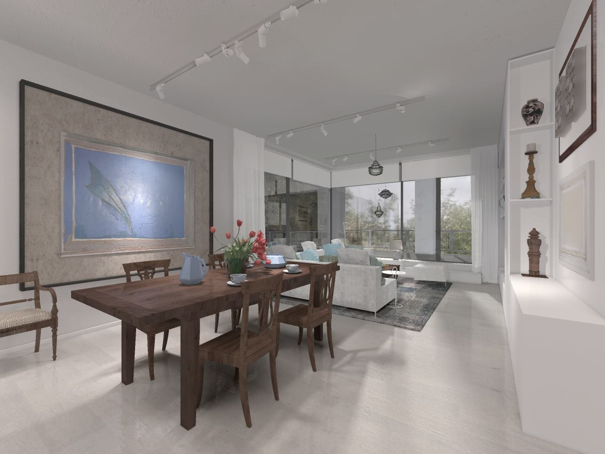 Wizualizacja przestronnego salonu z jadalnią, drewniany stół z zastawą i kwiatami na pierwszym planie, w tle jasna sofa i widok na balkon przez duże okna.