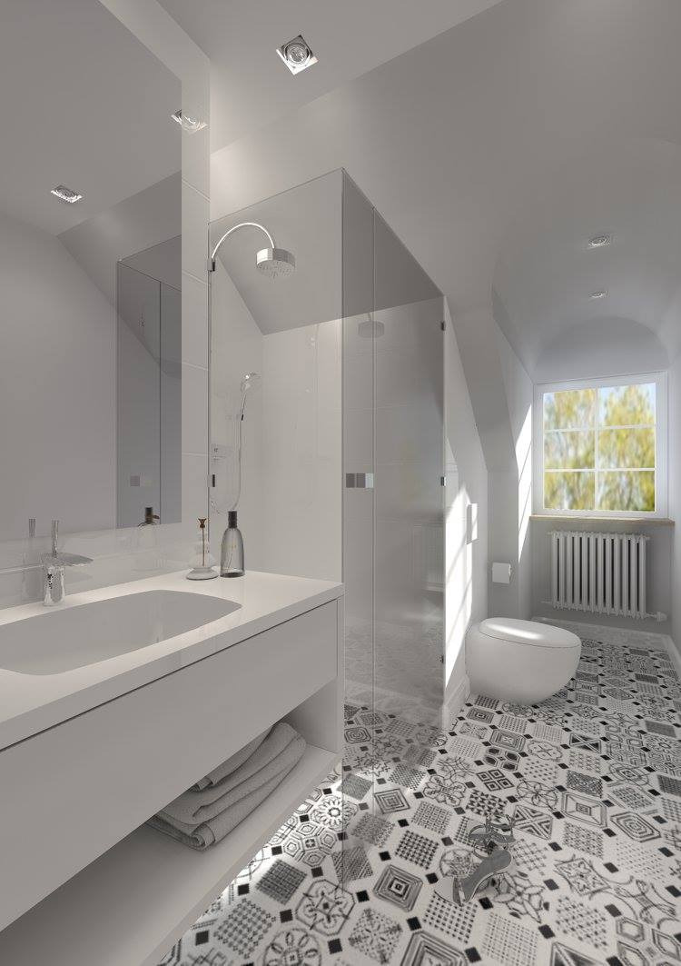 Wizualizacja nowoczesnej łazienki na poddaszu z kabiną prysznicową, umywalką nablatową, wzorzystą podłogą w odcieniach szarości i grzejnikiem żeberkowym pod oknem.