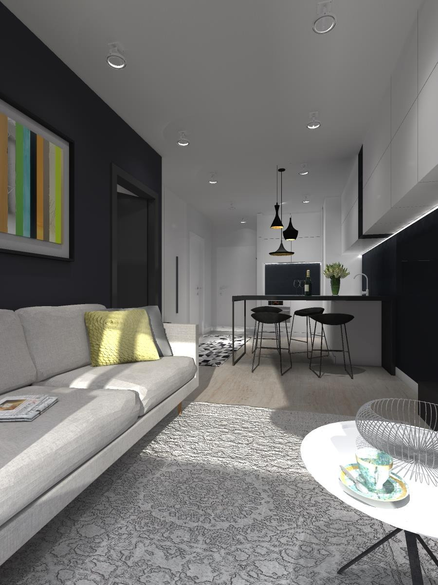 Wizualizacja nowoczesnego wnętrza: szara sofa z żółtą poduszką, wzorzysty dywan, biały stolik kawowy z filiżanką, czarny barek z hokerami i minimalistyczna kuchnia w tle. Na ścianie obraz...