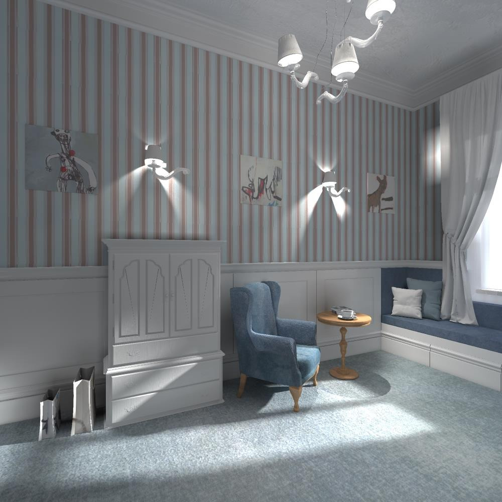 Pokój w pastelowych barwach z tapetą w pionowe paski, białym kredensem, błękitnym fotelem typu uszak, okrągłym stolikiem z filiżanką i siedziskiem pod oknem z zasłonami.