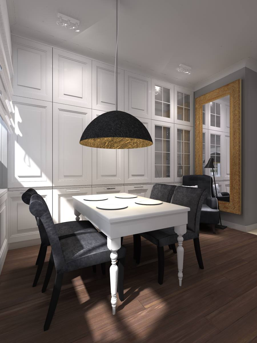 Wizualizacja jadalni w stylu klasycznym: biały stół z czterema grafitowymi krzesłami, nad nim czarna lampa z elementami złota, w tle zabudowa kuchenna z białymi frontami i duże złote lustro.