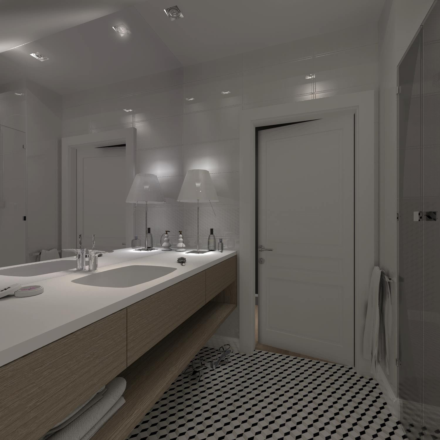 Nowoczesna łazienka z długim blatem z umywalką, podświetlanymi lampami, czarno-białą podłogą w romby i kabiną prysznicową z szarego szkła.